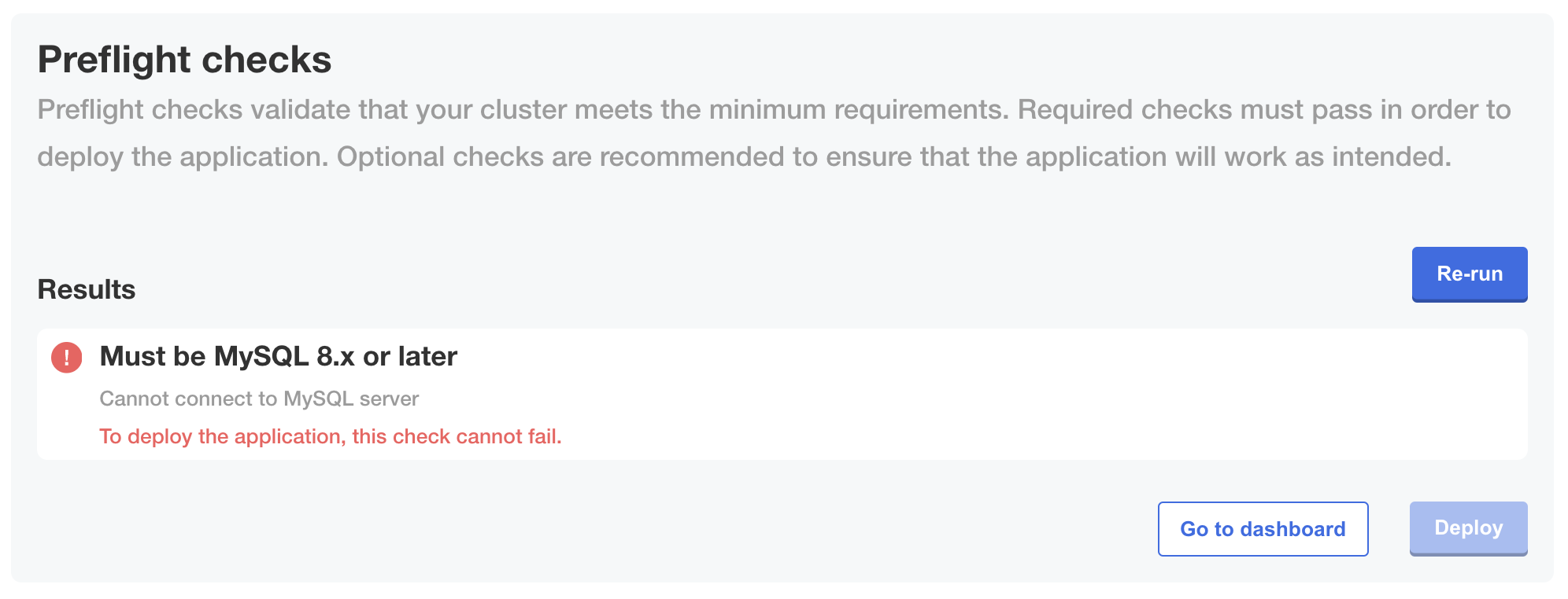 Preflight checks in Admin Console showing fail message with strict mode