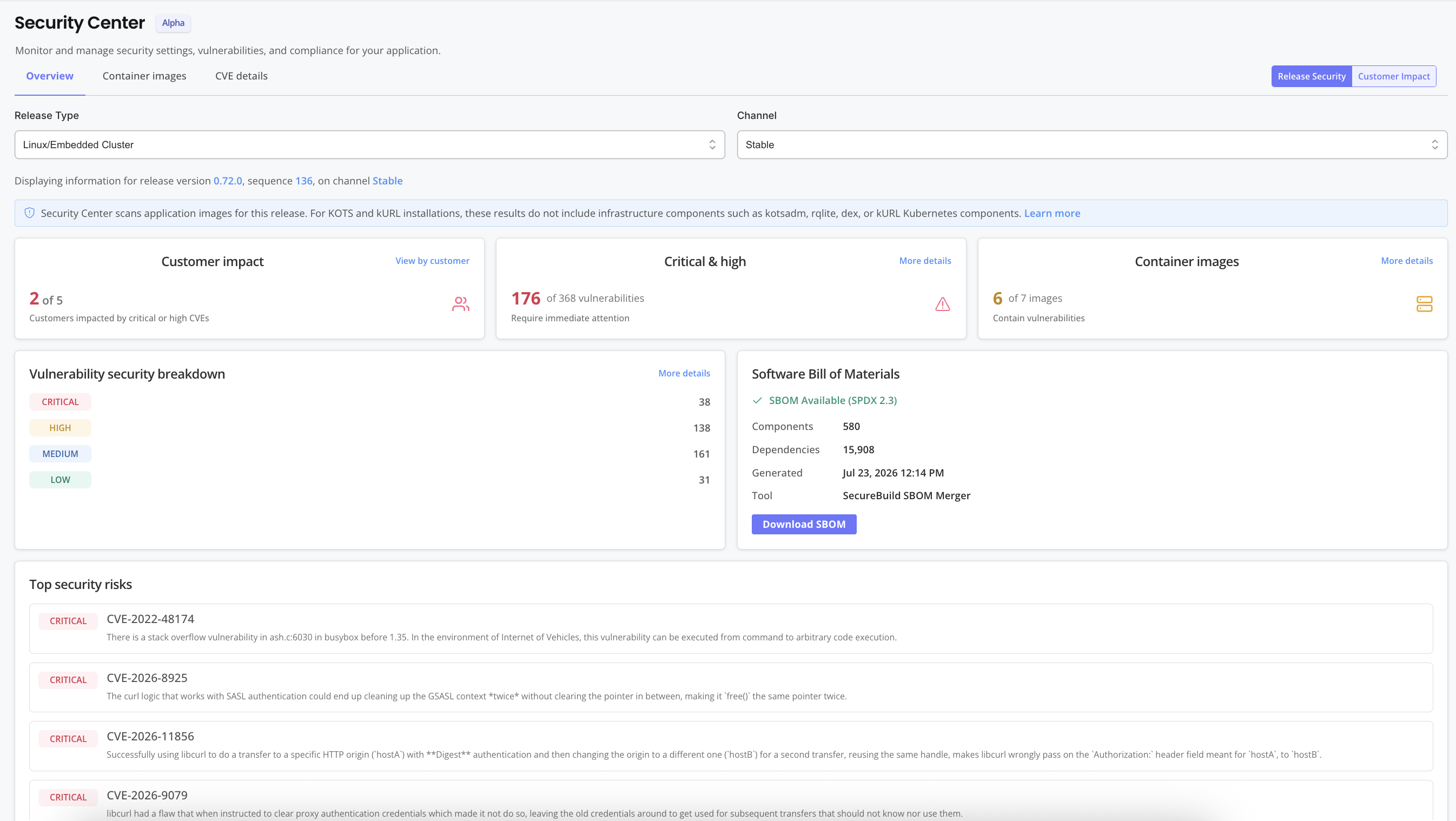 Release Security dashboard